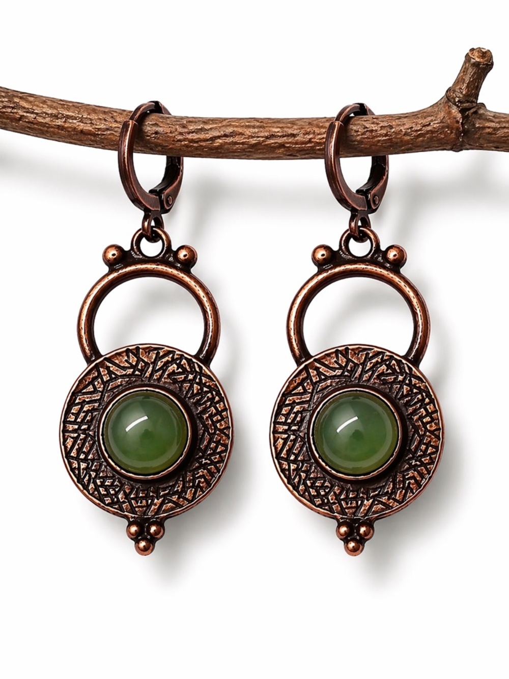 Boho Copper Moss Green Earrings, Earthy Dangle, Artisan Statement